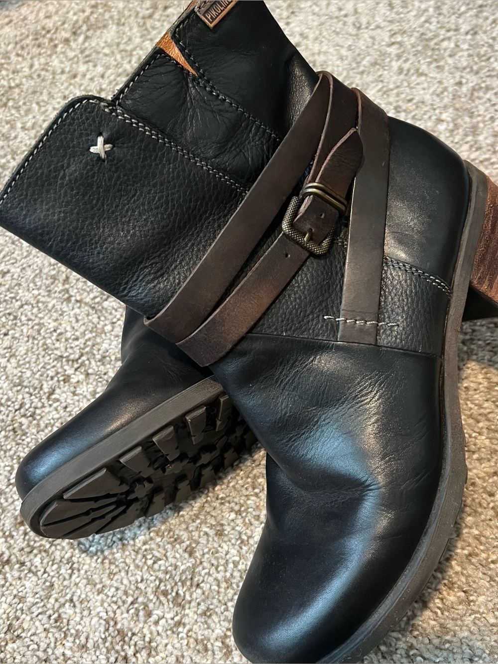 PIKOLINOS Black Leather Boots with Brown Buckle Strap Size 38